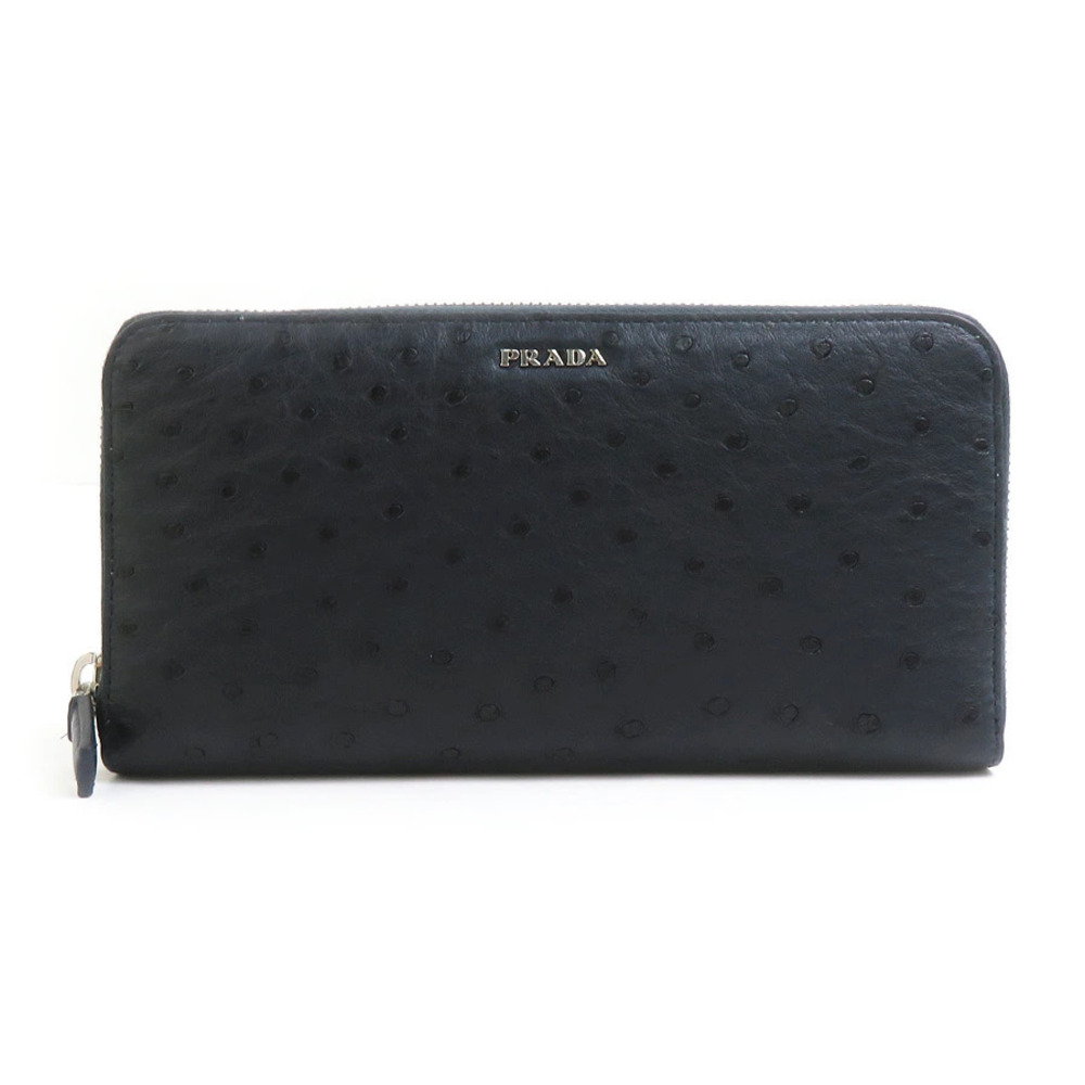 Prada Round Zip Long Wallet Ostrich Leather Navy Blue